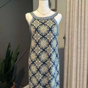 Max Studio Vintage style Navy and Gold yellow Geometric Maxi floral Dress